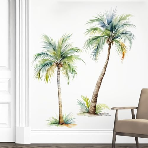 Tanlaby Wandtattoo Palme Groß Baum Tropische Pflanzen Grüne Wandsticker Aquarell Palmen Wandaufkleber Kokosnussbaum für Wohnzimmer Schlafzimmer Flur Bad Wanddeko