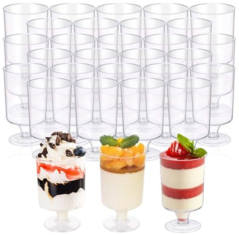 YWKJDDM Vasos de Postre Desechables, 50 Unidades, Mini Vasitos de Postre, 100 ml, Vasos de Plástico Transparentes, Reutilizables, Redondos, para Postres, Pudines
