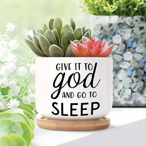 Yelolyio Keramik-Pflanzgefäße mit Aufschrift Give It to God And Go to Sleep, für Outdoor-Pflanzen mit Drainagelöchern und Untersetzern, Topf für den Außenbereich, Garten, Heimpflanze