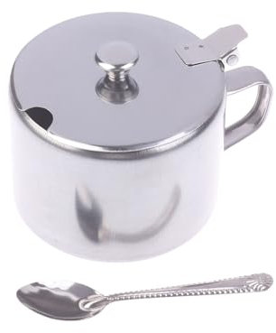 Azucarero de acero inoxidable con tapa de asa, cuchara, tarro de condimentos, cocina, restaurante, vajilla, contenedor de especias