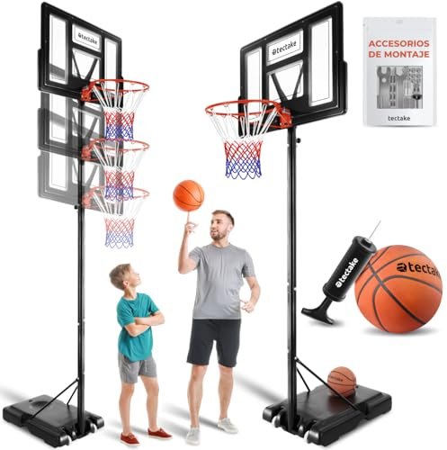 tectake® Canasta Baloncesto Exterior, con Ruedas, Resistente a la Intemperie, Tubo de Acero, Altura Ajustable, Base con Agua, Incluye Balon Baloncesto, Bomba y 2 Redes - Negro