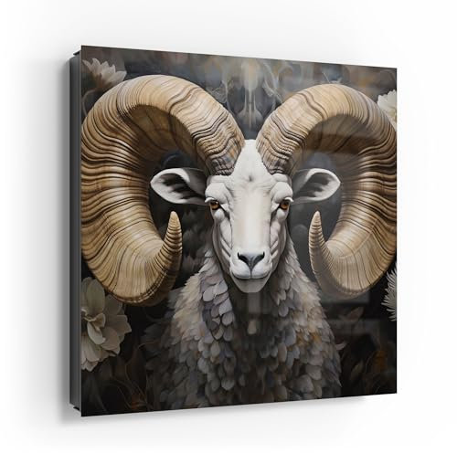 DEQORI Schlüsselkasten schwarz | 30x30 cm | Motiv Naturkraft Widder | Glas & Metall Schlüssel-Box | Schlüsselschrank mit 50 Haken + 2 Magnete | Moderne Box magnetisch & beschreibbar