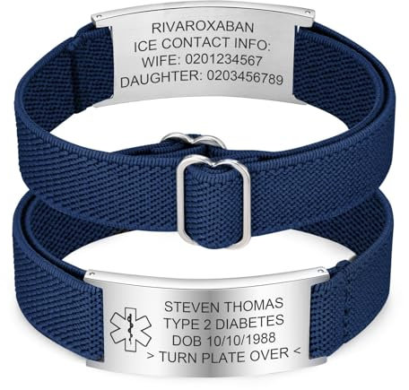 Personalisierte Notfallarmband Medizinisches Alarm Armband - Navy Blau Elastische Strap SOS ID Armband mit Gravur Diabetes Epilepsie Allergie Telefonnummer Notfall Armbänder für Herren Damen Kinder