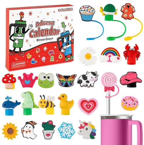 Straw Cover Advent Calendar 2025 - Straw Topper Advent Calendar 24 Days Silicone Straw Caps Lids Protectors 10 mm for 30 & 40 Oz Cups Tumblers Kids Adults Teens