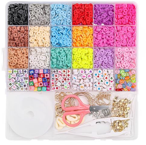 NHQZ 7-in-1-Beads for Bracelets 6 mm Clay Bead Set 18 Colours Beads for Threading Friendship Bracelets DIY Jewellery Making Set Beads for DIY Bracelet Necklace Earrings for Adults