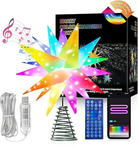 LeuKoles 3D Etoile Sapin de Noel Lumineuse, Etoile Sapin de Noel Intelligente au Sommet de l'arbre, contrôle par Application Bluetooth, synchronisation de la Musique, éclairage de Noël extérieur avec