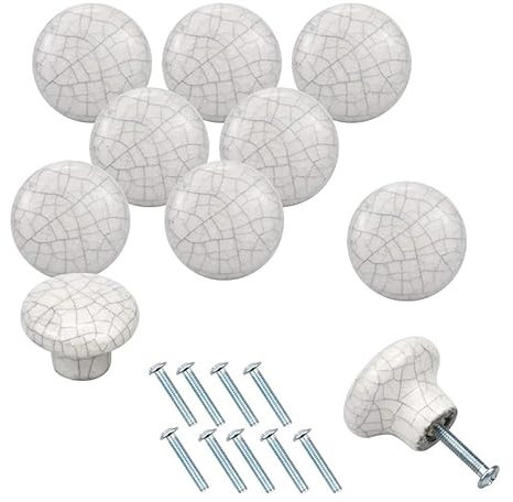 10 PCS White Round Ceramic Crackle Knobs & Screws 32MM, Vintage Cabinet Shabby Chic Furniture Door Pulls Cupboard Handles Drawer Kitchen Wardrobe Cabinet Chest Dresser Retro Home Decor Farmhouse