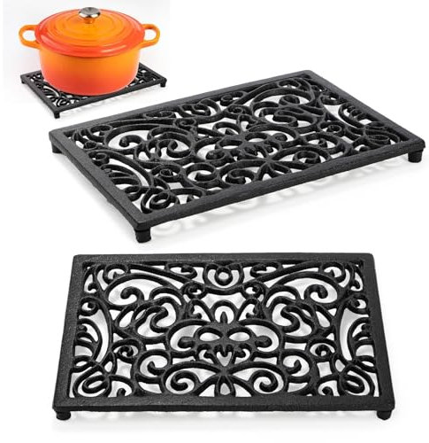 Yopay 2 Pack Cast Iron Trivet for Hot Pots and Pans, Heat Resident Rectangle Trivet Stands Holders for Wood Stove Skillet Plate Kitchen Countertop Cooktop, 9.8 x 6.7in Farmhouse Decoration