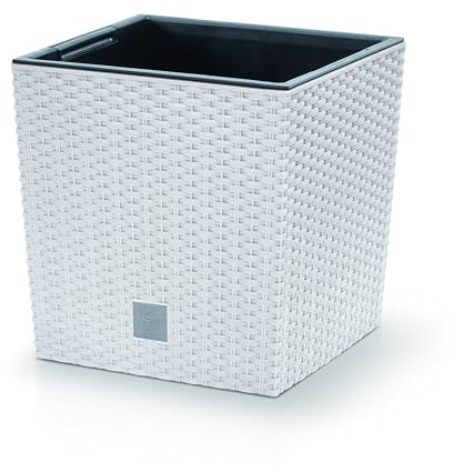 DIKEL Pot de fleurs, 20 x 20 x 20 cm, aspect rotin et insert résistant aux intempéries, pour un design intérieur et extérieur élégant, pots de fleurs pour moins de terre et un entretien facile, blanc