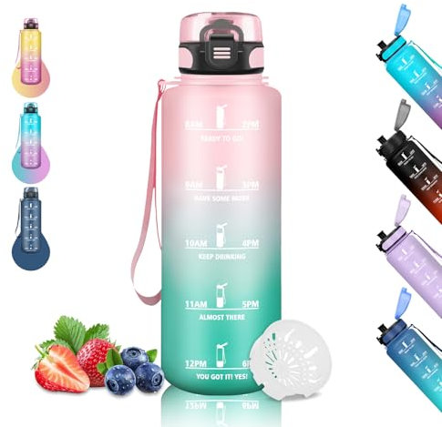 Gourde 1.5L, Gourde Sport Anti-Fuite, Gourde Graduée, Gourde Adulte avec Slogan de Motivation, Gourde Musculation, Facile à Transporter, Gourde pour Camping, Randonnée, Voyage, Running, Rose-Vert