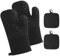 4er Set Ofenhandschuhe, Topflappen Handschuh, Ofenhandschuhe Hitzebestaendig, hitzebeständig bis 300 °C, rutschfeste Topfhandschuhe, ideal für Küche, Backen, Grillen（Schwarz）