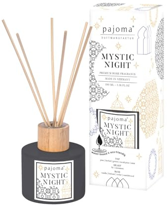 Raumduft Diffuser Mystic Night, 100 ml mit Stäbchen - Essential Oils Lufterfrischer in Geschenkverpackung | Belebender Duft aus Bergamotte, Orange & Lavendel | Wohn-, Schlaf-, Bad, WC, Hotel, Büro