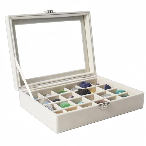Dmnnlp 24 Gitter-Vitrine, Samt-Rock-Sammelbox mit glasklarem Deckel, Aufbewahrungsbox für kleine Edelsteine, fossilen Kristallsteinen, Ringe, Ohrringe, Charms, Sammlerstücke (Beige)