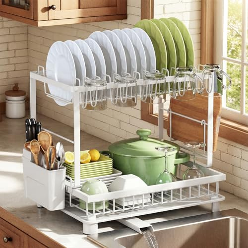 Nfnoyp Dish Drainer Rack, 2 Tier Dish Drainer Rack Multifunctional, Rustproof Dish Racks with Drainboard, Space-Saving Utensil & Cup Holder for Kitchen Counter, White