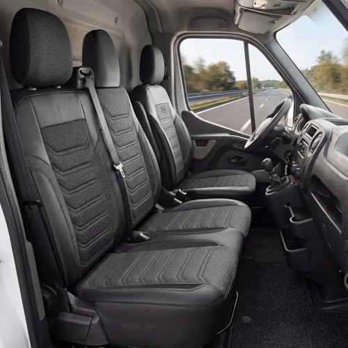 GIOVANNI BUTTI Autositzbezüge 2+1 für Renault Master 2011-2023, Opel Movano 2011-2021, Nissan NV400 2011-2021 - Piqué-Stoff/Schwarz - Vordersitz-Set (rechter Beifahrersitz geteilt)