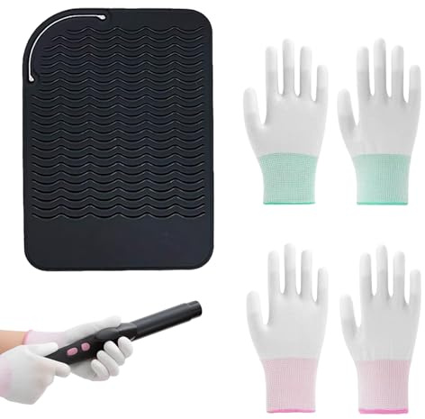 ZexJpr 3 Stück Hitzehandschuh Lockenstab, Hitzeschutz Handschuh Und Hitzebeständige Unterlage, Hitzeschutz Handschuh für Lockenstäbe, Haarglätter, Glätteisen und Haarstyling-Werkzeuge