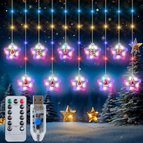 Qoosea Sterne Lichtervorhang, 100LED 3-M Lichterketten Sterne Fenster mit USB Fernbedienung, Weihnachtsbeleuchtung Fenster Innen, Sternenvorhang Weihnachtsdeko für Party Garten Dekor -Bunt