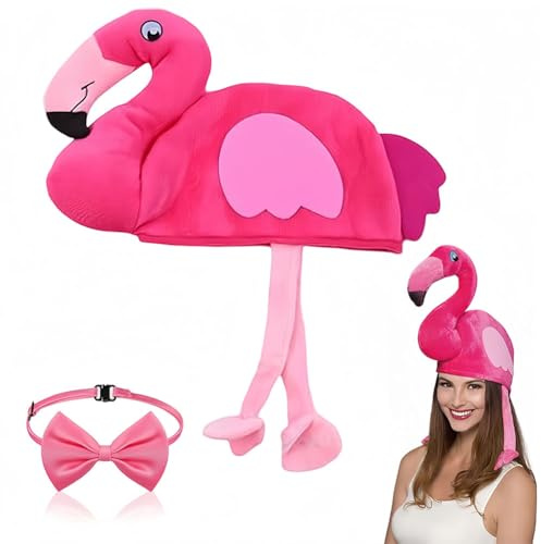 SYTTNUM Flamingo Tier Mütze Mit Fliege,Verstellbares Kostüm Zubehör,Rosa Fliege Herren,Angesagte Flamingo Mütze Spaßmütze Halloween Cosplay Geschenk Für Erwachsene Jugend