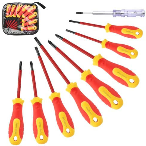 Insulated Screwdriver Set 9 pcs, Phillips, Slotted & Pozidriv Screwdrivers with Voltage Tester, Magnetic Tips, 1000V Precision Electrician Screwdriver Kit, Made of Chrome Vanadium Steel