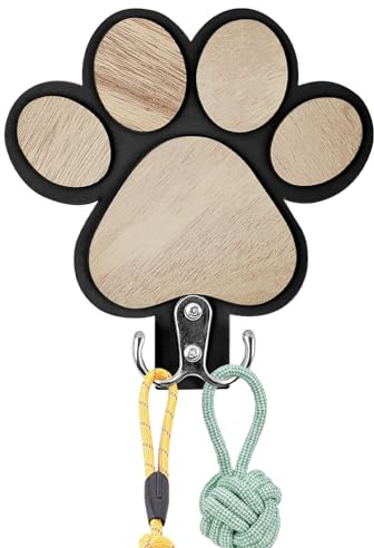 Geentargetel Hunde Garderobe mit Haken, Hundegarderobe Schlüsselhalter Holz, Hundeleinenhalter Wand mit Hunde Und Pfotenabdrücken für Hundezubehör & Halsband (Schwarz)