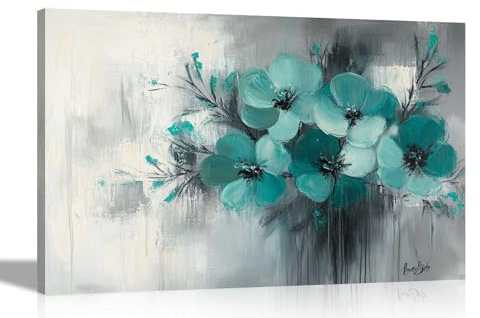 Artley Prints - Abstract Teal Flower Bouquet Grey White Background Canvas Wall Art Flower Print for Living Room Décor Home Office Extra Large 101 x 76cm (40 x 30 inches)