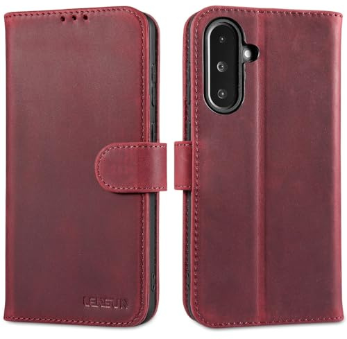 LENSUN Lederhülle für Samsung Galaxy A36 Wallet-Fach Brieftasche, Retro Rot | Echtleder Hülle, Bookstyle Ledertasche, Echtes Leder Handytasche, Standfunktion Flip Handyhülle, 3 Kartenfächer mit RFID