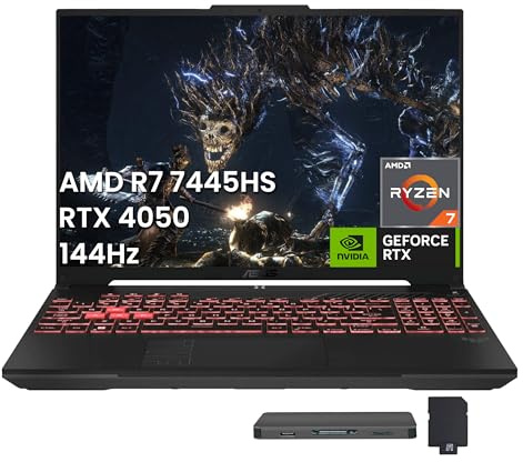 ASUS TUF A16 16 WUXGA 144Hz Gaming Laptop, AMD Ryzen 7 7445HS, NVIDIA GeForce RTX 4050, 16GB DDR5, 512GB SSD, 1-Zone RGB retroilluminato, Copilot, Webcam, Win 11 Pro, grigio, set di docking station