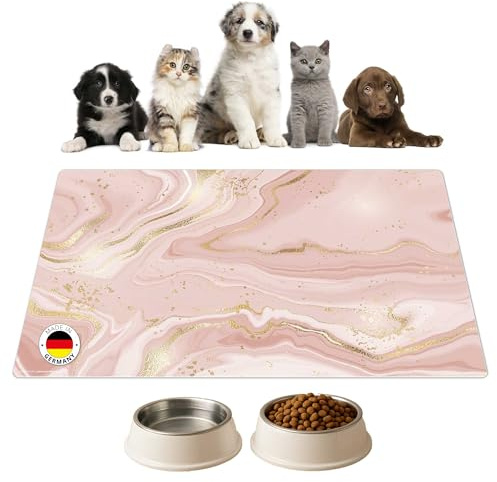 Napfunterlage | Futtermatte für Hunde und Katzen „rosafarbener Marmor mit Goldadern“ aus Premium Vinyl - 60x40 cm – rutschhemmend, abwaschbar, reißfest - Made in Germany