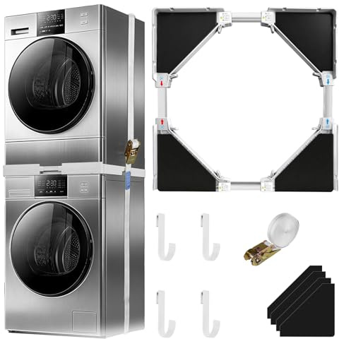 Waschmaschinen Zwischenbaurahmen,Universal-Stapelbausatz,53-68cm Einstellbare Größe Verbindungsrahmen Set für Waschmaschine und Trockner,Rahmen Waschmaschine Trockner mit Ratschenseil & 4 Haken