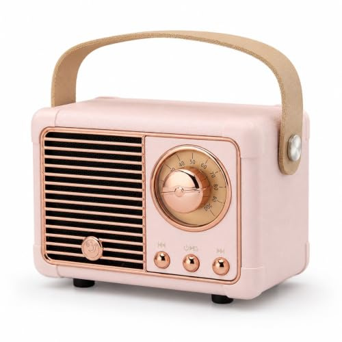 MENDUNER Pink Retro Bluetooth Speaker for Gilrs' Room Vintage Decor Gifts | 40mm 3W speaker, 400mAh battery, USB drive/card playback, sound output, 10m range, compact retro design.