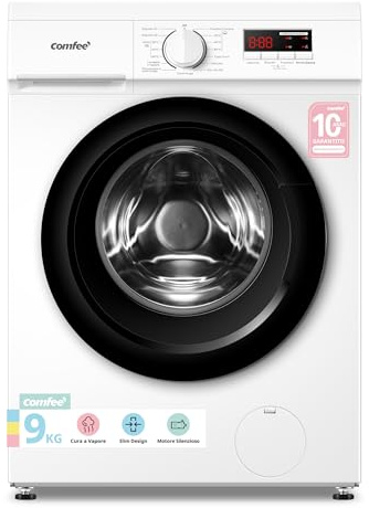 COMFEE' Lavatrice Slim 9 kg Classe A 1400 Giri Motore BLDC Silenzioso | 15 Programmi, Steam, Quick Wash e Design Compatto per Famiglie e Grandi Carichi CFP01EW90W