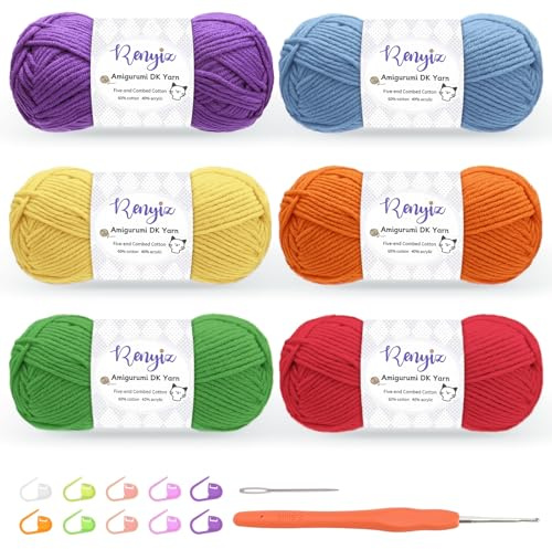 Renyiz Häkelgarn, 6 x 50 g Baumwollgarn (60% Baumwolle & 40% Acryl) DK Wolle zum Häkeln mit 2,5 mm Haken & Zubehör, geeignet für Babywolle Basteln & Stricken