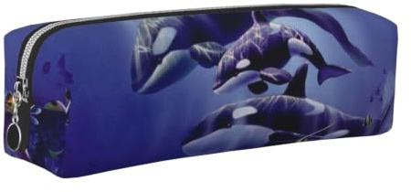 JKLQWC Killer Whales bedrucktes Leder-Federmäppchen mit goldfarbenem Reißverschluss – einfacher und leichter Organizer für Schule, Büro, Reisen, Make-up, silber, One Size, Schulranzen