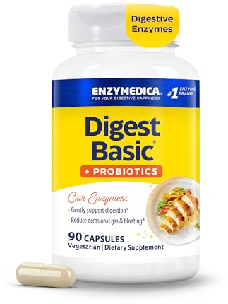 Enzymedica Digest Basic + Probiotics, Gentle Digestive Enzymes with Probiotics, Small Easy to Swallow Capsules for Everyday Digestion and Gut Health, 90 Capsules, Vegetarian, Gluten-Free | Digestive Enzyme Supplement for Women & Men, Enzyme and Probiotic Capsules for Digestion, Gut Health Support, Vegetarian