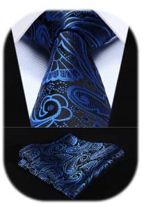 HISDERN Krawatten für Herren Extra Lange Paisley Krawatte und Einstecktuch Set Elegante Klassisch Hochzeit Seidenkrawatte Taschentuch Blau & Schwarz