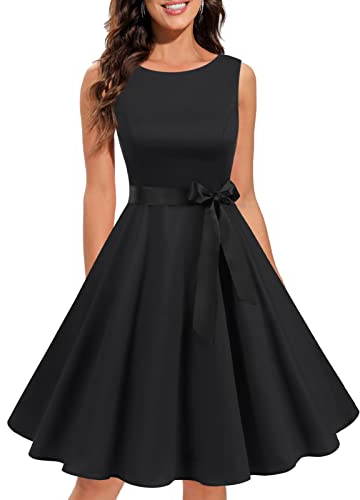 Gardenwed Robe de Soirée Cocktail Vintage Femme Années 40 50 60 Pin up Style Audrey Hepburn Rockabilly Swing Col Rond sans Manche Black M
