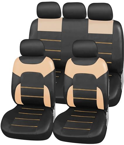 Upgrade4cars Auto-Sitzbezüge Beige Leder-Optik | Universal Auto-Sitzschoner Set für Sommer & Winter | Kunstleder Auto-Schonbezüge für die Vordersitze & Rückbank
