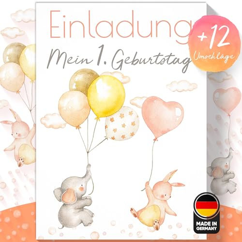 Olgs Ballon Party Einladungskarten mit Elefant & Hase, 12er Set, inkl. Umschläge, Ideal für Mädchen Kinder- & Babygeburtstag