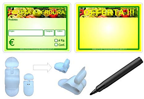KIT 30 SEGNAPREZZI PLASTIFICATI PER ALIMENTI FRUTTA E VERDURA 8,3X11,3 cm. +15 PINZE GRANDI+15 PINZE PICCOLE+1 PENNARELLO NERO