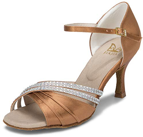 JIAJIA 20524 Damen Sandalen Ausgestelltes Heel Super-Satin Latein Strass Tanzschuhe Farbe Braun,Größe 41 EU