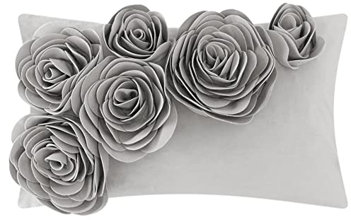 JWH 3D-Blumen-Überwurf-Kissenbezug, dekorativ, handgefertigt, weicher Samt, Lendenkissen für Bett, Wohnzimmer, Stuhl, Couch, Dekoration, 30,5 x 50,8 cm, Grau