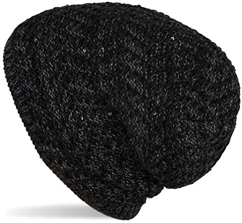 styleBREAKER Damen Strick Beanie Mütze mit Pailletten und Thermo-Fleece Futter, Winter Slouch Beanie 04024168, Farbe:Schwarz