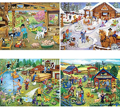 Bits and Pieces - 4-in-1 Multi-Pack Set 300 Piece Jigsaw Puzzles for Adults - Each Puzzle Measures 46cm x 61cm - On The Farm Jigsaws by Artist Sandy Rusinko