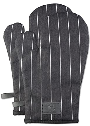 Masterchef Topflappen Handschuh Ofenhandschuhe Hitzebestaendig, 100% Baumwolle, Backofenhandschuhe Perfekt zum Kochen, Backen, mit Aufhängeschlaufe & Logo aus Veganem Leder, Schwarz/Weiß, Wolle