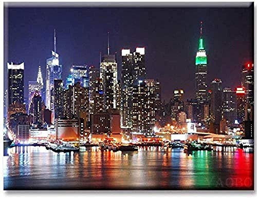 Kreuzstich Stickpackung New York City Nachtlandschaft 16x20 inch für Anfänger 11CT vorgedruckt Sticken Stickset Geeignet für Wohn- und Schlafzimmerdekoration