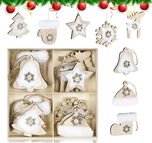 Anstore Weihnachtsanhänger Holz, 16 Stück Weihnachtsdeko Anhänger Holz Christbaumschmuck, Christbaum Rentier Schneeflocke Holz-Schmuck mit Kuscheligen Plüsch, Christbaumanhänger