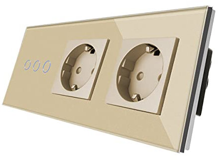 CNBINGO Schuko Doble Secke interruptor - panel de vidrio de sistema táctil y LED de estado - 3 bandas de 1 vía Switch - Interruptor táctil Oro y enchufe - No se requiere una escalera neutral