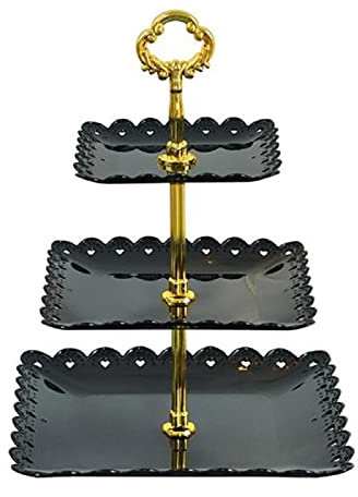 DUBENS Grand plateau à gâteaux carré noir à 3 niveaux - Présentoir à gâteaux - Support à dessert - Décoration de table - Pour fête d'enfant, anniversaire, thé - Pour bébé - Noir