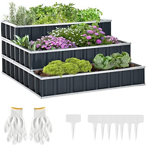 Outsunny 3 Tier Raised Garden Bed, Metal Elevated Planer Box Kit Flower Pot w/A Pairs of Glove for Garden, Patio to Grow Vegetables, Herbs, Flowers, 118 x 118 x 62 cm, Grey