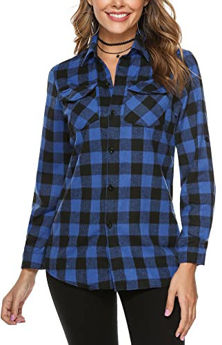Totatuit Flannel Checked Shirts Womens Classic Long Sleeve Plaid Shirt Blouse V Neck Button Down Ladies Checked Shirt with Pocket Deep Blue